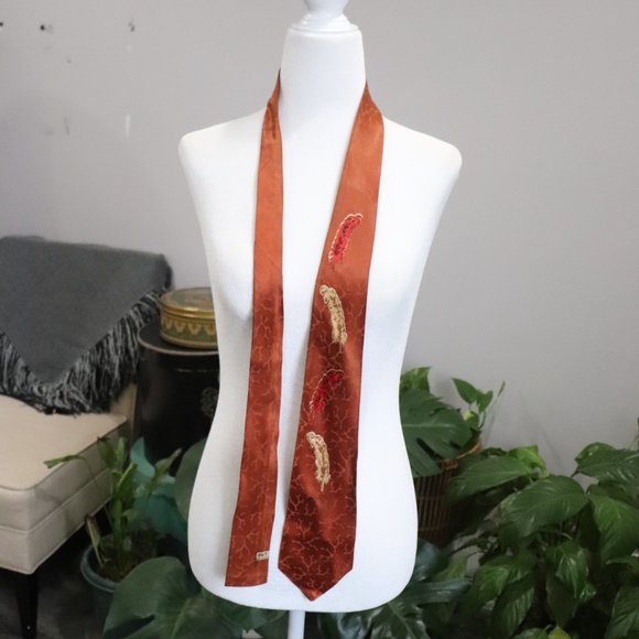 Vintage Mid-Century Men's Silk Art Deco Feather Print Silk Tie - Picture 2 of 7
